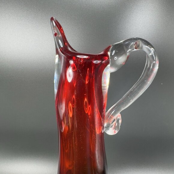 Heavy Hand Blown Glass Pitcher Vase Carafe Multicolor Applied Swirl Glass Decor - Picture 10 of 16